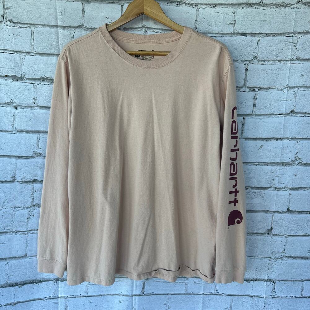 Preowned Women's Carhartt Long Sleeve Loose Fit T-Shirt Pink Size XL Logo Sleeve